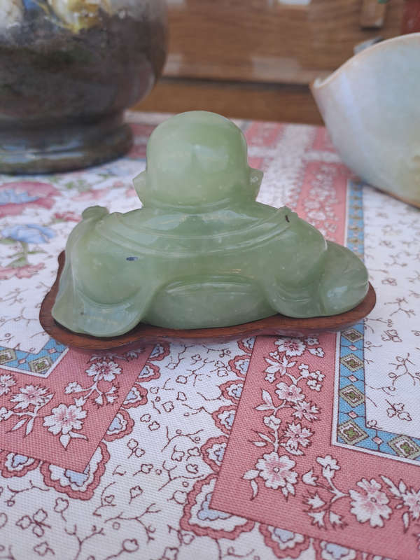 Chinese jade stone laughing buddha on wood base