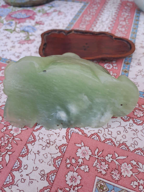 Chinese jade stone laughing buddha on wood base