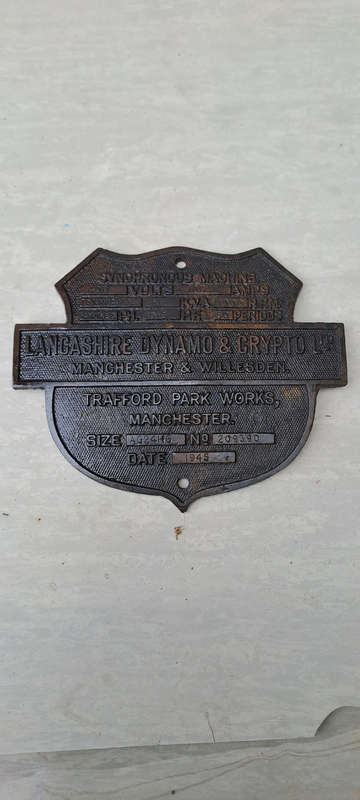 Plaque for Machine Information  By Lancashire Dynamo & Crypto, Ltd.  1945