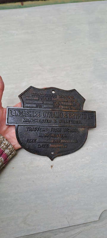 Plaque for Machine Information  By Lancashire Dynamo & Crypto, Ltd.  1945