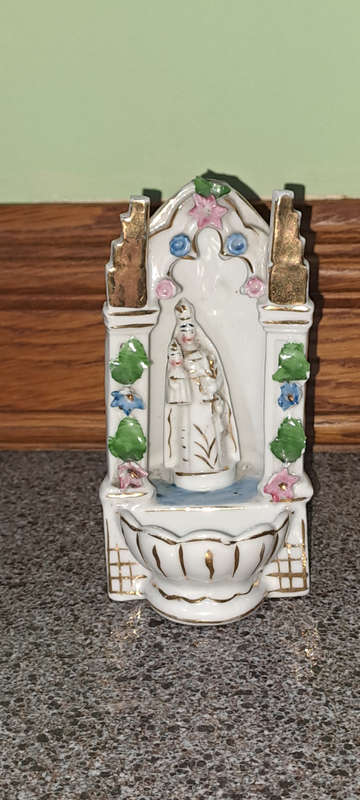 Vintage Catholic holy water fountain porcelain