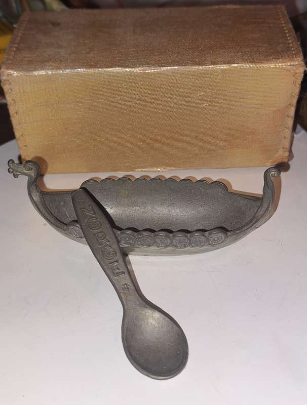 Vintage Handstopt Pewter Viking Ship Salt Cellar w/ Spoon - Norway