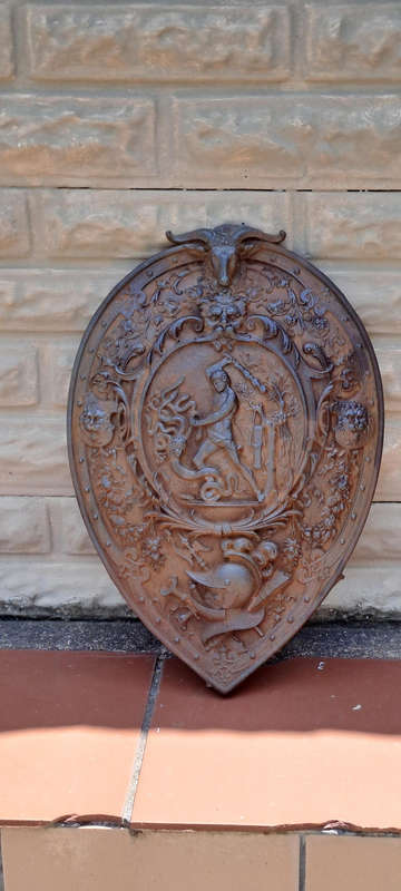 Antique German coat of arms-knights shield-beheading of Medusa beautiful detail and patina
