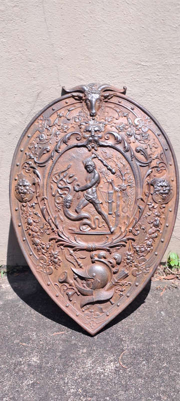 Antique German coat of arms-knights shield-beheading of Medusa beautiful detail and patina