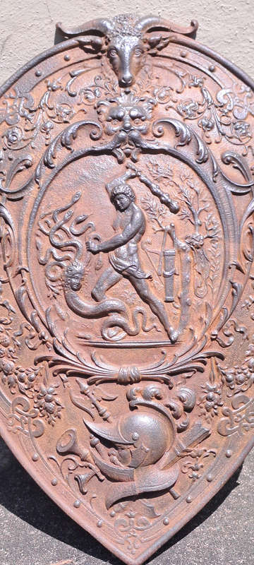 Antique German coat of arms-knights shield-beheading of Medusa beautiful detail and patina