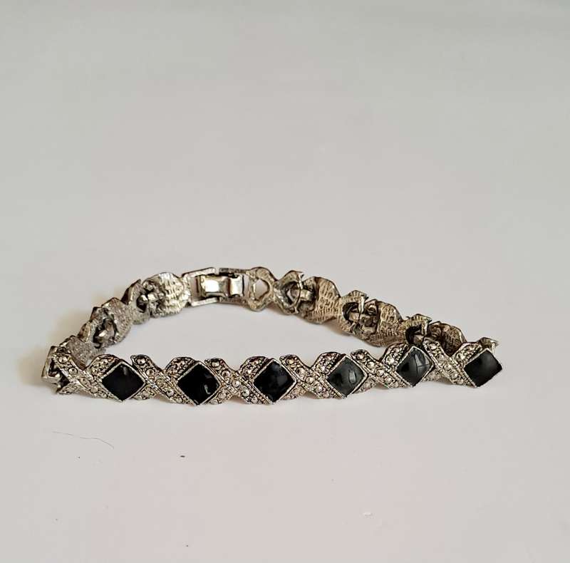 Vintage silver tone and black geometric Art Deco tennis bracelet
