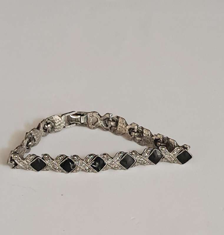 Vintage silver tone and black geometric Art Deco tennis bracelet