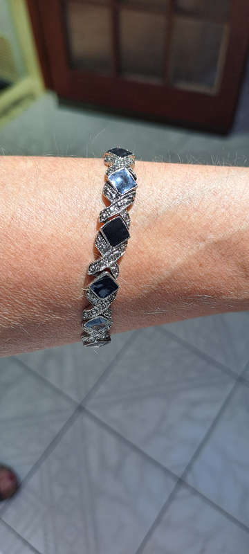 Vintage silver tone and black geometric Art Deco tennis bracelet
