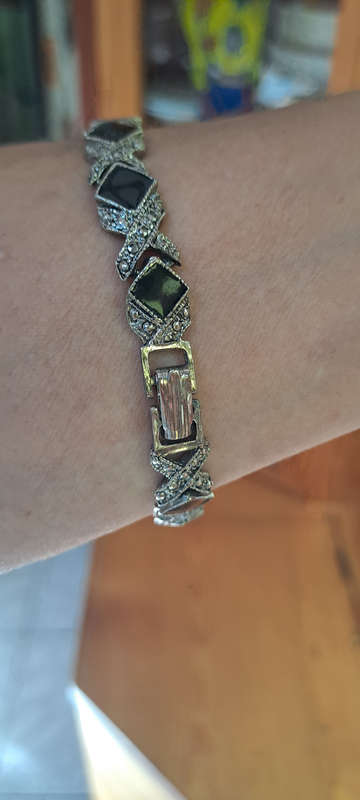 Vintage silver tone and black geometric Art Deco tennis bracelet