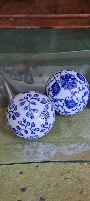 Blue and white decorative ceramic balls Pair