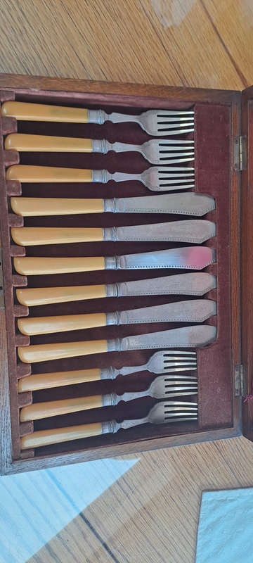 Lovely EPNS fish knives and forks in original oak box