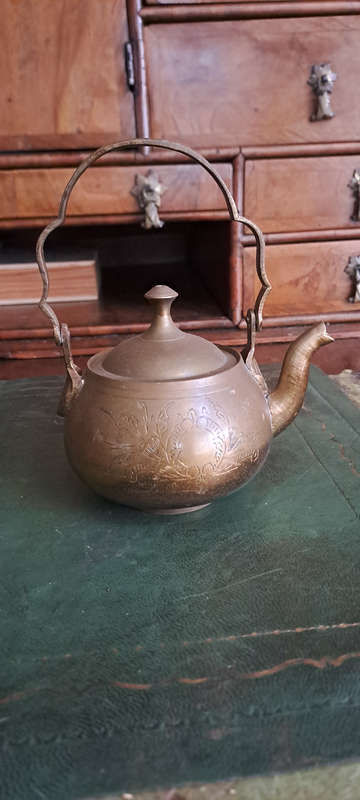 Vintage Indian Brass tea pot etched small