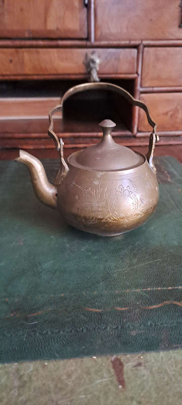 Vintage Indian Brass tea pot etched small