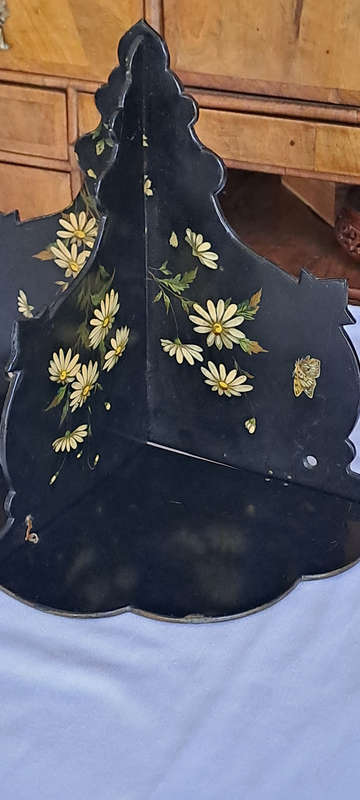 ca 1900 Beautiful hand painted black lacquer wall shelf