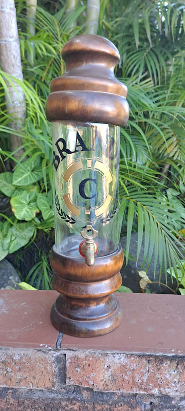 Glass and wood Vintage brandy dispenser with brass tap 750ml