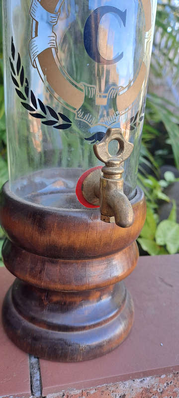 Glass and wood Vintage brandy dispenser with brass tap 750ml