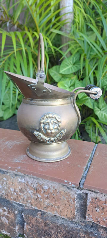 Vintage lion head brass coal bucket