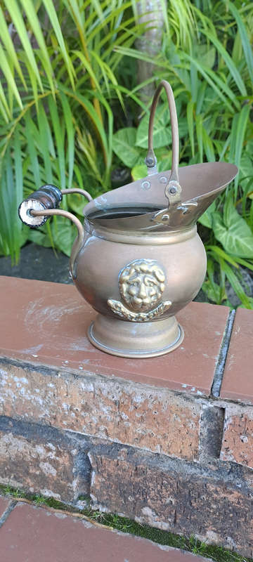 Vintage lion head brass coal bucket