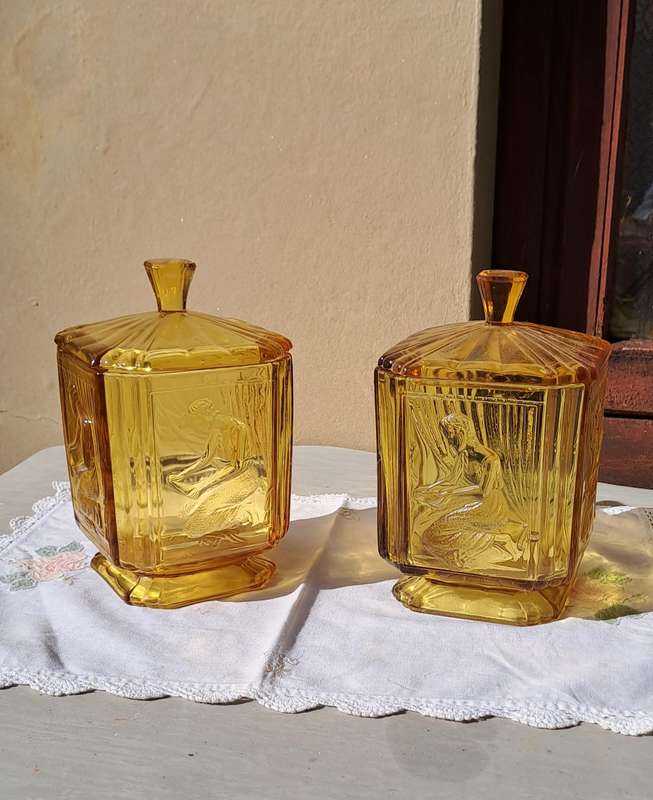 Pair Sowerby Art Deco 1930's Amber Glass Pandora's Box cookie jars