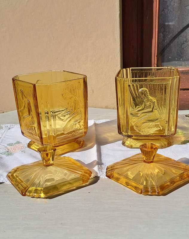 Pair Sowerby Art Deco 1930's Amber Glass Pandora's Box cookie jars