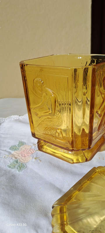 Pair Sowerby Art Deco 1930's Amber Glass Pandora's Box cookie jars