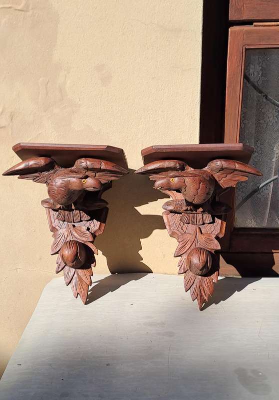 Rare Late 19th Century Victorian Hand Carved Oak American War Eagle Pair Wall Shelf Sconces