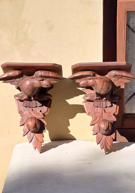 Rare Late 19th Century Victorian Hand Carved Oak American War Eagle Pair Wall Shelf Sconces