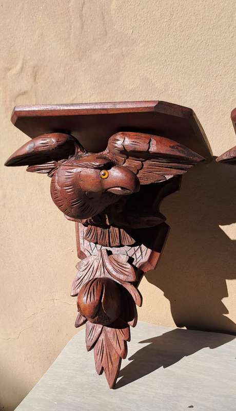 Rare Late 19th Century Victorian Hand Carved Oak American War Eagle Pair Wall Shelf Sconces