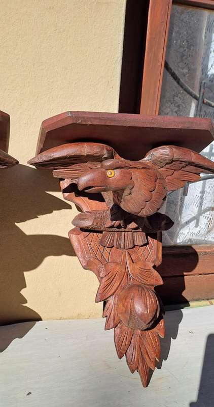 Rare Late 19th Century Victorian Hand Carved Oak American War Eagle Pair Wall Shelf Sconces