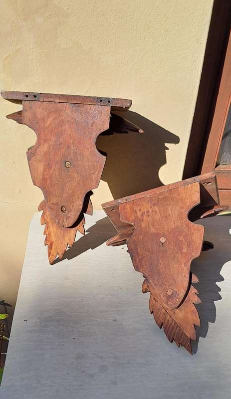 Rare Late 19th Century Victorian Hand Carved Oak American War Eagle Pair Wall Shelf Sconces