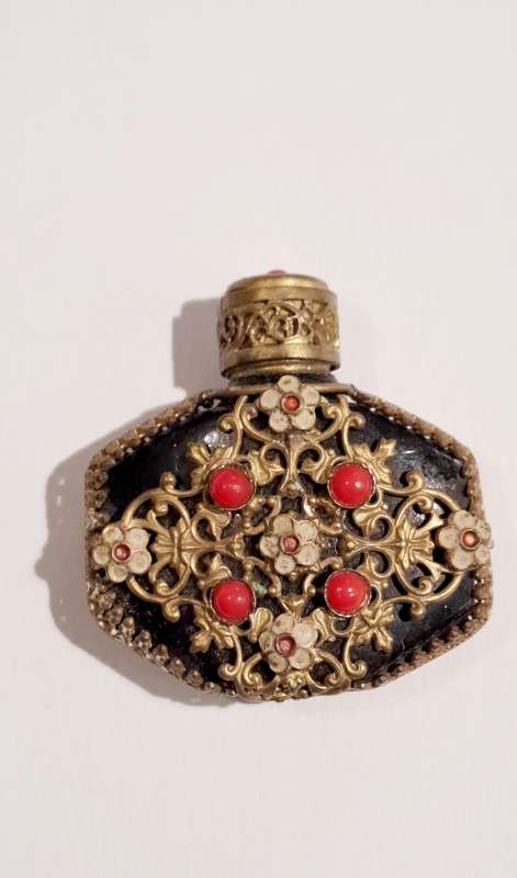 Vintage Mini Black Perfume Bottle with gold filigree