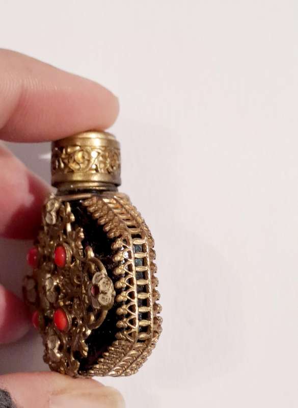 Vintage Mini Black Perfume Bottle with gold filigree
