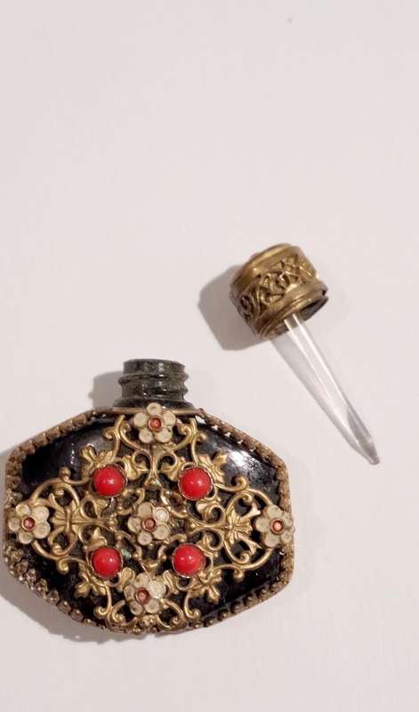Vintage Mini Black Perfume Bottle with gold filigree