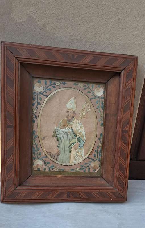 A unique one of a kind silk stitched picture of St Nicholas who brought the children back to life