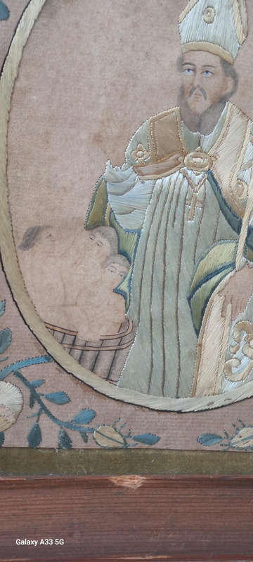 A unique one of a kind silk stitched picture of St Nicholas who brought the children back to life