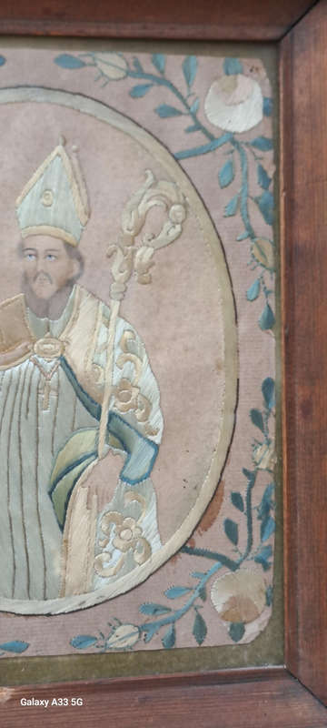 A unique one of a kind silk stitched picture of St Nicholas who brought the children back to life