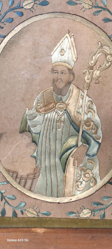 A unique one of a kind silk stitched picture of St Nicholas who brought the children back to life