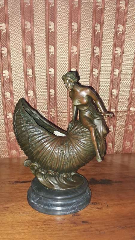 Bronze Art Nouveau Lady  sitting on a Nautilus shell vessel with waves 30cm