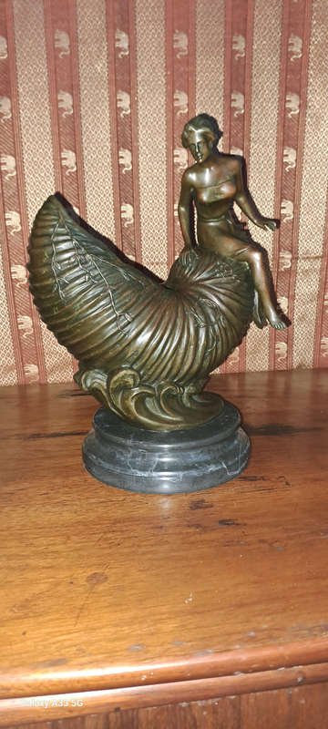 Bronze Art Nouveau Lady  sitting on a Nautilus shell vessel with waves 30cm