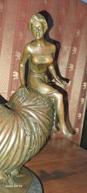 Bronze Art Nouveau Lady  sitting on a Nautilus shell vessel with waves 30cm