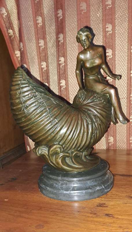 Bronze Art Nouveau Lady  sitting on a Nautilus shell vessel with waves 30cm