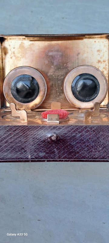 Rare antique Victorian copper and leather double inkwell and pen wipe lovely condition