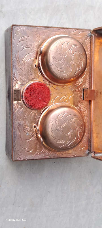 Rare antique Victorian copper and leather double inkwell and pen wipe lovely condition