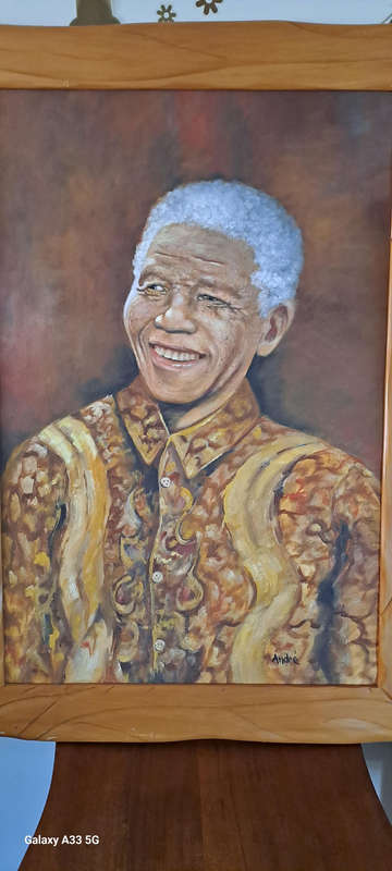 Large canvas oil painting Hon Nelson Mandela after incarceration signed Andre'