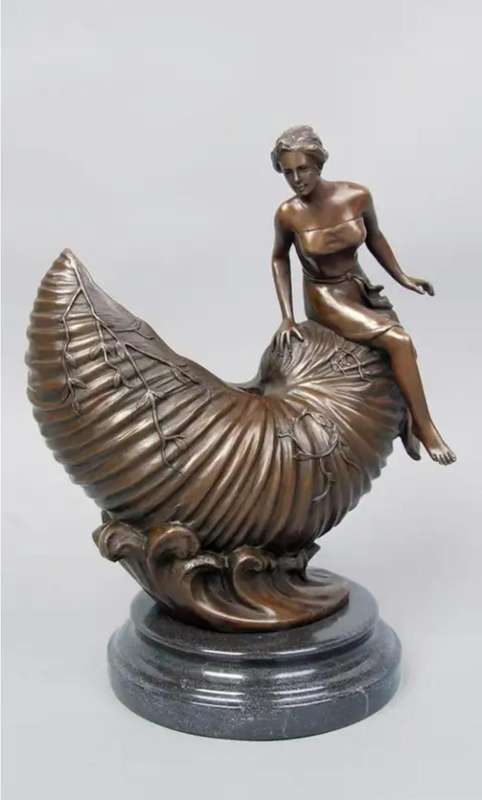 Bronze Art Nouveau Lady  sitting on a Nautilus shell vessel with waves 30cm