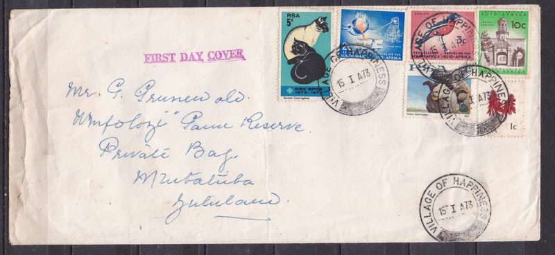RSA 1973 various stamps on FDC with Village of Happiness D/S