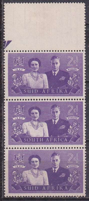 Union of SA 1947 Royal visit 2d vertical strip of 3 with half arrow top margin MM