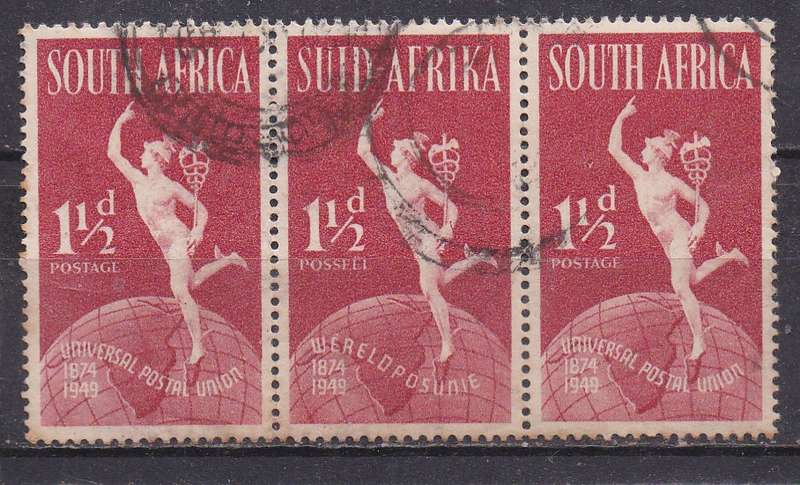 Union of SA 1949 Universal Postal Union 1 & 1/2d strip of 3 FU
