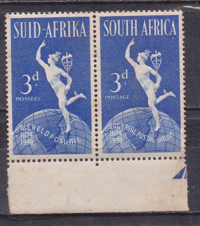 Union of SA 1949 Universal Postal Union 3d bottom marginal pair MM