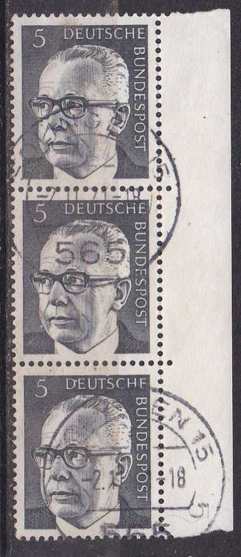 Germany 1970 president Gustav Heinemann 5pf marginal vertical strip of 3 FU